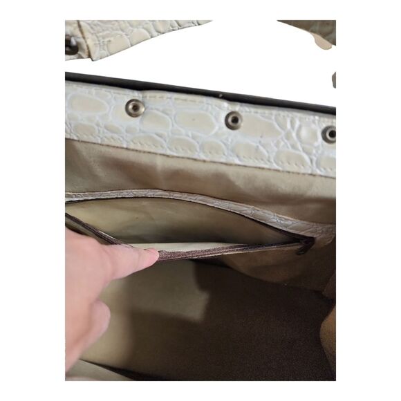 VINTAGE Croc Embossed Doctor Bag Satchel - Cream Beige Frame Handbag - Crossbody - Picture 14 of 14
